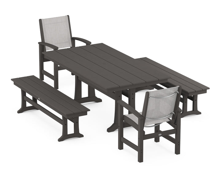 POLYWOOD® Coastal 5-Piece Farmhouse Dining Set with Trestle Legs and Benches
