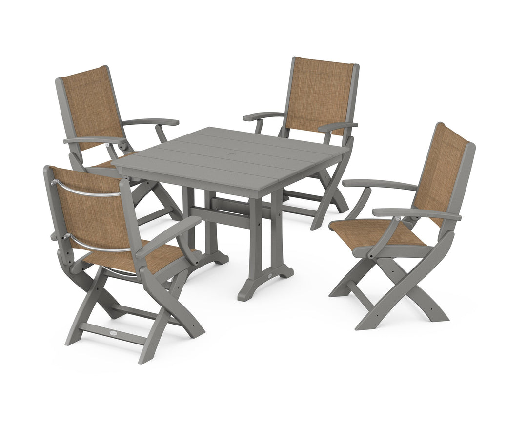 POLYWOOD® Coastal Folding Chair 5-Piece Farmhouse Dining Set With Trestle Legs