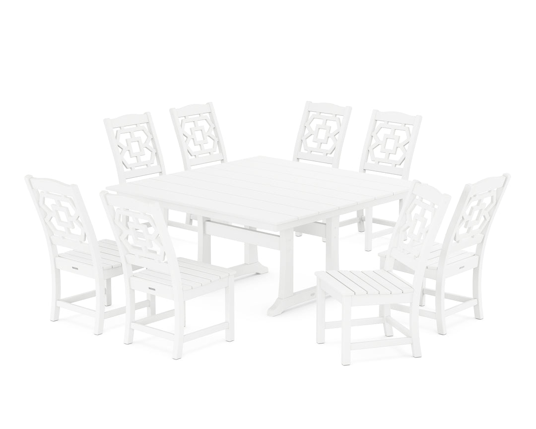 Martha Stewart by POLYWOOD® Chinoiserie 9-Piece Square Farmhouse Side Chair Dining Set with Trestle Legs