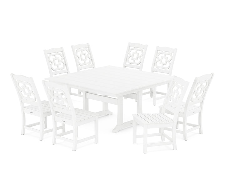 Martha Stewart by POLYWOOD® Chinoiserie 9-Piece Square Farmhouse Side Chair Dining Set with Trestle Legs