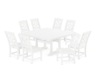 Chinoiserie 9-Piece Square Farmhouse Side Chair Dining Set with Trestle Legs