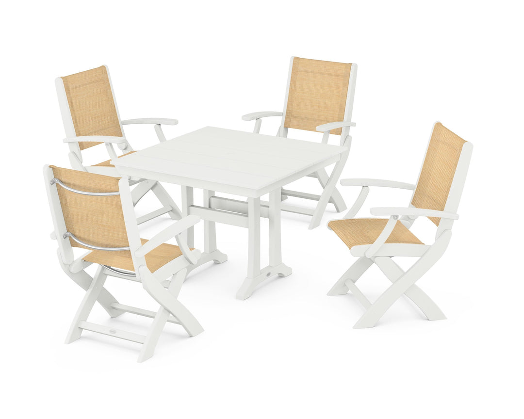 POLYWOOD® Coastal Folding Chair 5-Piece Farmhouse Dining Set With Trestle Legs