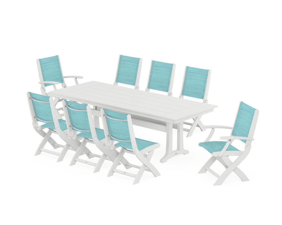 POLYWOOD® Coastal 9-Piece Folding Dining Chair Farmhouse Dining Set with Trestle Legs