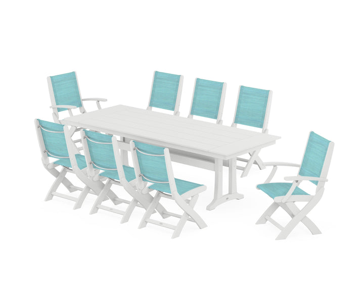 POLYWOOD® Coastal 9-Piece Folding Dining Chair Farmhouse Dining Set with Trestle Legs