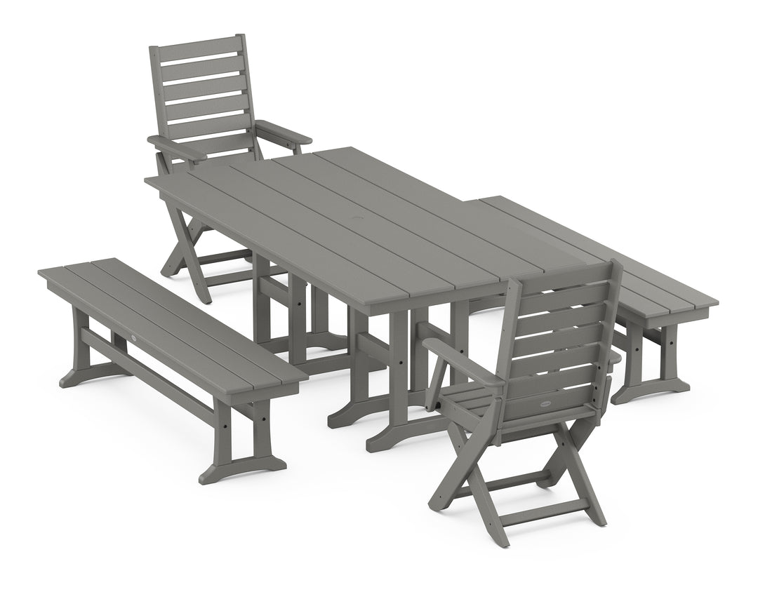 POLYWOOD® Captain Folding Chair 5-Piece Farmhouse Dining Set with Benches