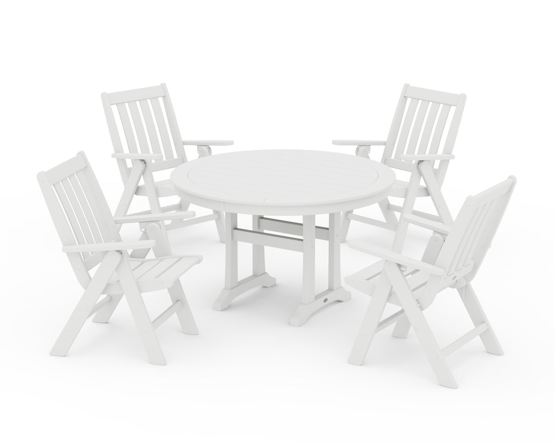POLYWOOD® Vineyard Folding Chair 5-Piece Round Dining Set with Trestle Legs