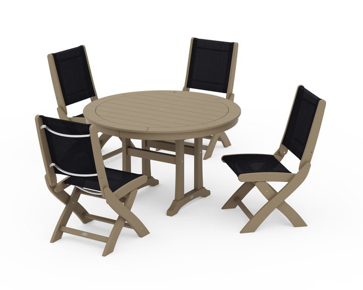 POLYWOOD® Coastal Folding Side Chair 5-Piece Round Dining Set With Trestle Legs