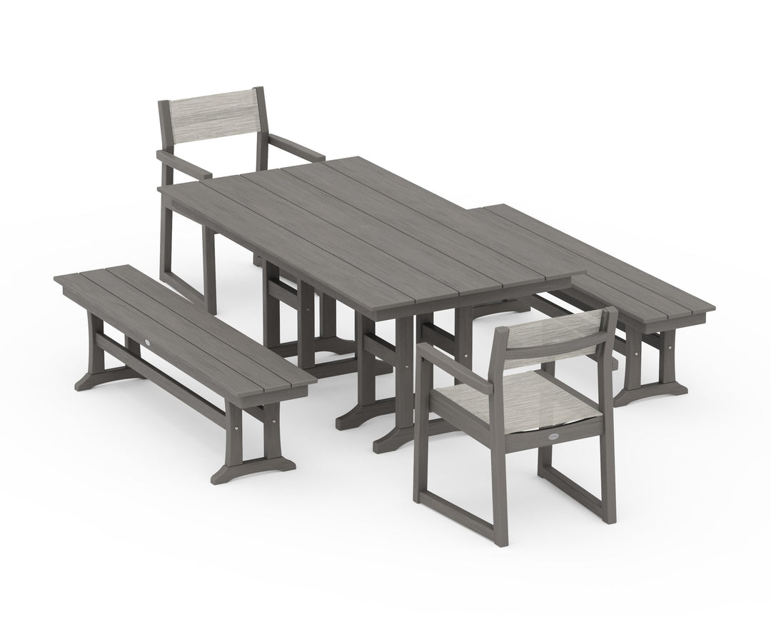 POLYWOOD® EDGE Sling Arm Chair 5-Piece Farmhouse Dining Set with Benches