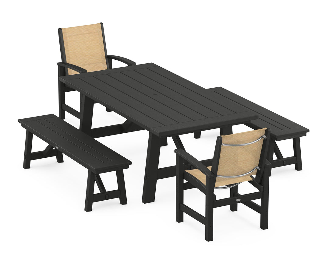 POLYWOOD® Coastal 5-Piece Rustic Farmhouse Dining Set With Benches