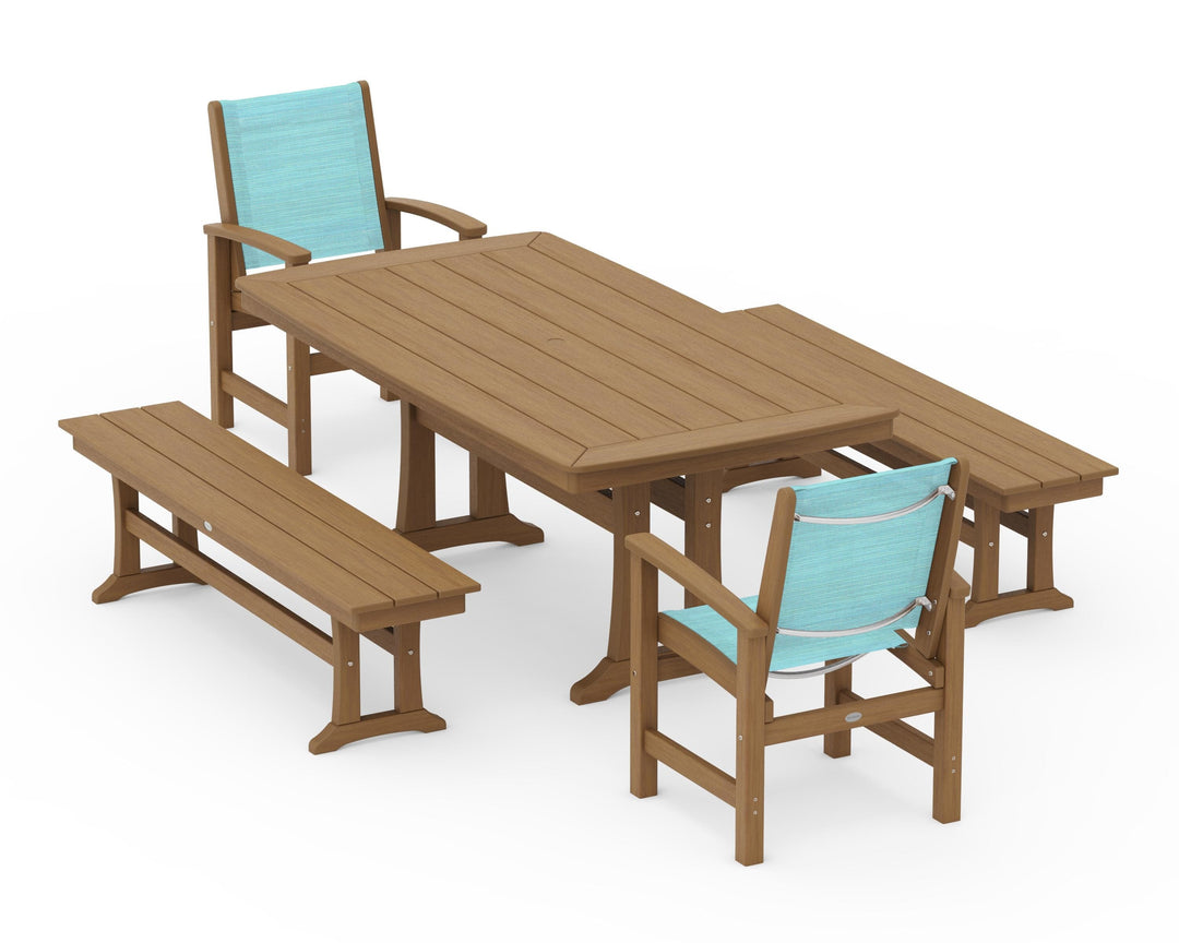 POLYWOOD® Coastal 5-Piece Dining Set with Trestle Legs and Benches