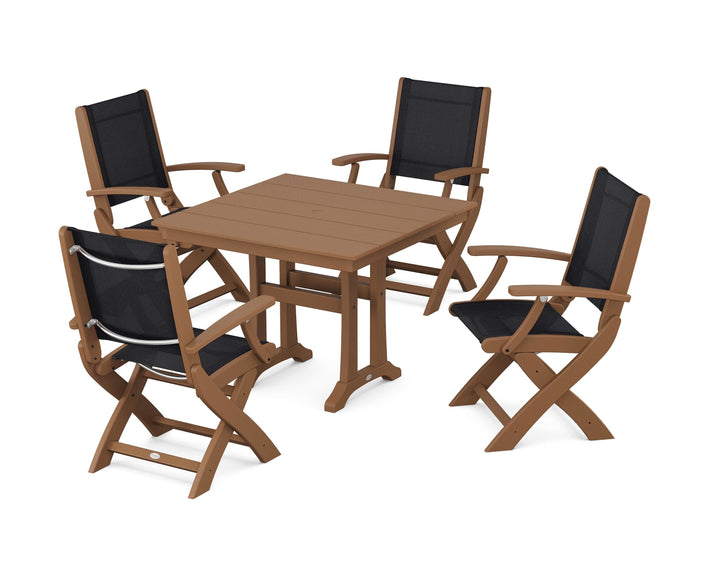 POLYWOOD® Coastal Folding Chair 5-Piece Farmhouse Dining Set With Trestle Legs