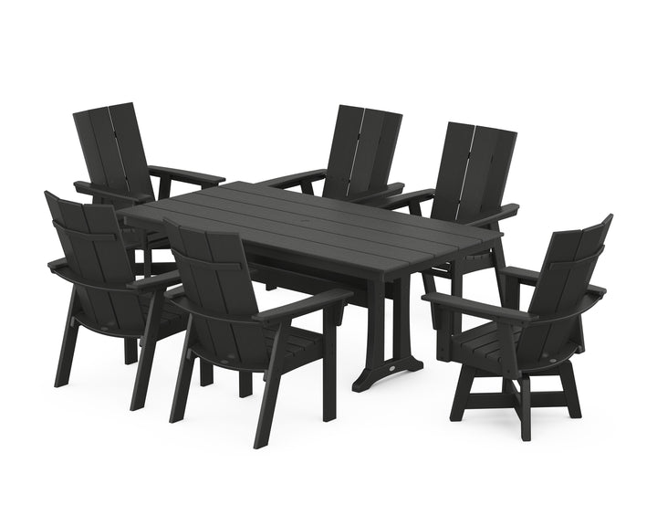 POLYWOOD® Modern Curveback Adirondack Swivel Chair 7-Piece Farmhouse Dining Set With Trestle Legs