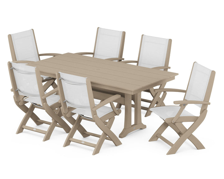 POLYWOOD® Coastal Folding Arm Chair 7-Piece Farmhouse Dining Set with Trestle Legs