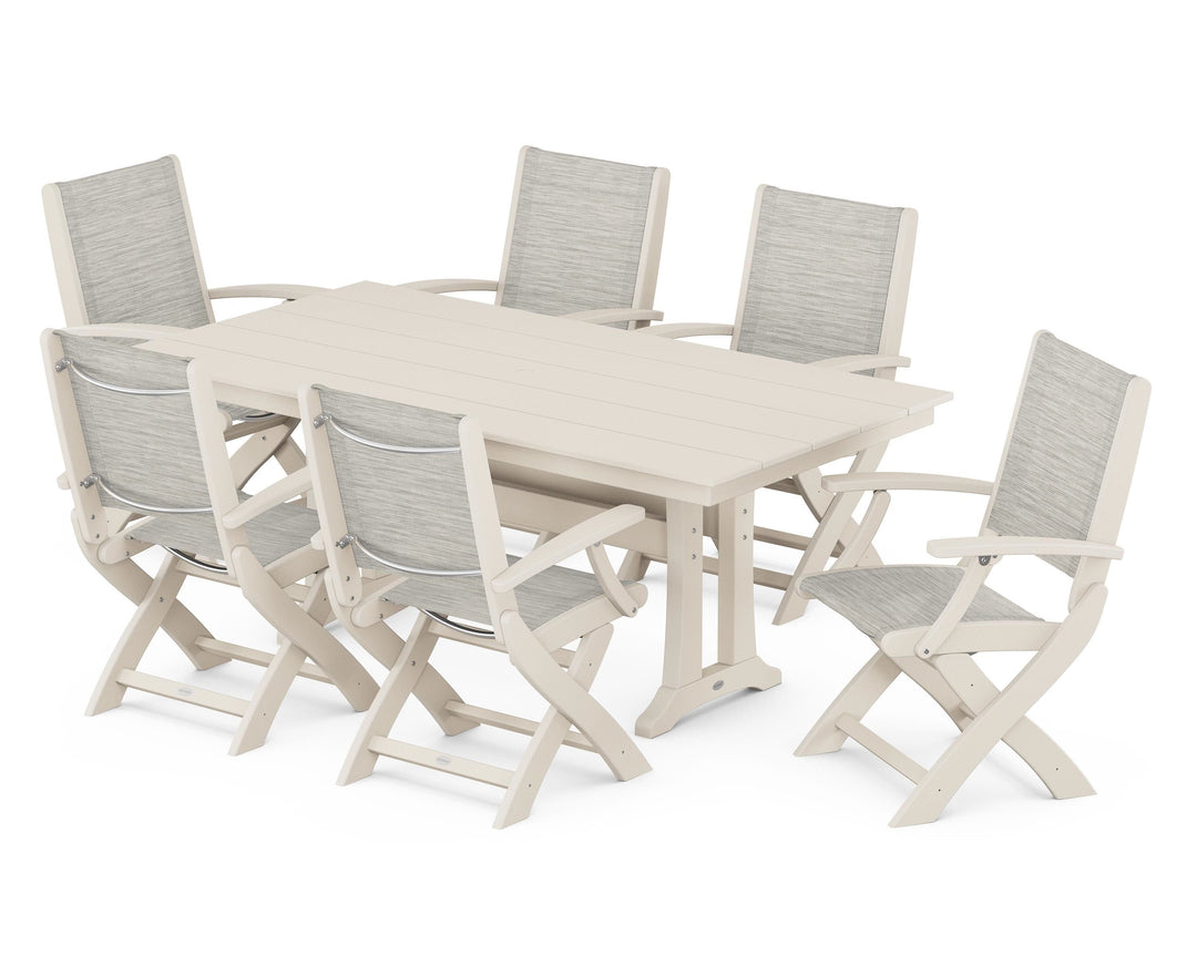 POLYWOOD® Coastal Folding Arm Chair 7-Piece Farmhouse Dining Set with Trestle Legs