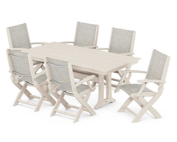 POLYWOOD® Coastal Folding Arm Chair 7-Piece Farmhouse Dining Set with Trestle Legs