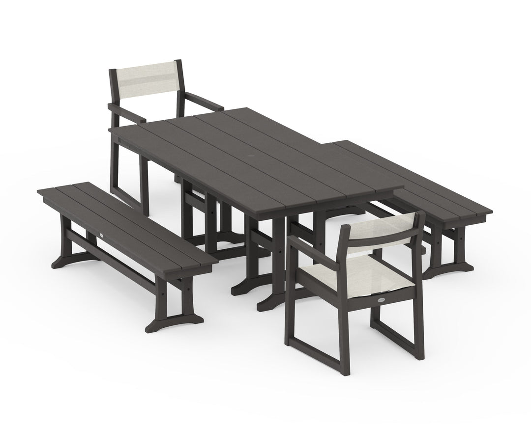 POLYWOOD® EDGE Sling Arm Chair 5-Piece Farmhouse Dining Set with Benches