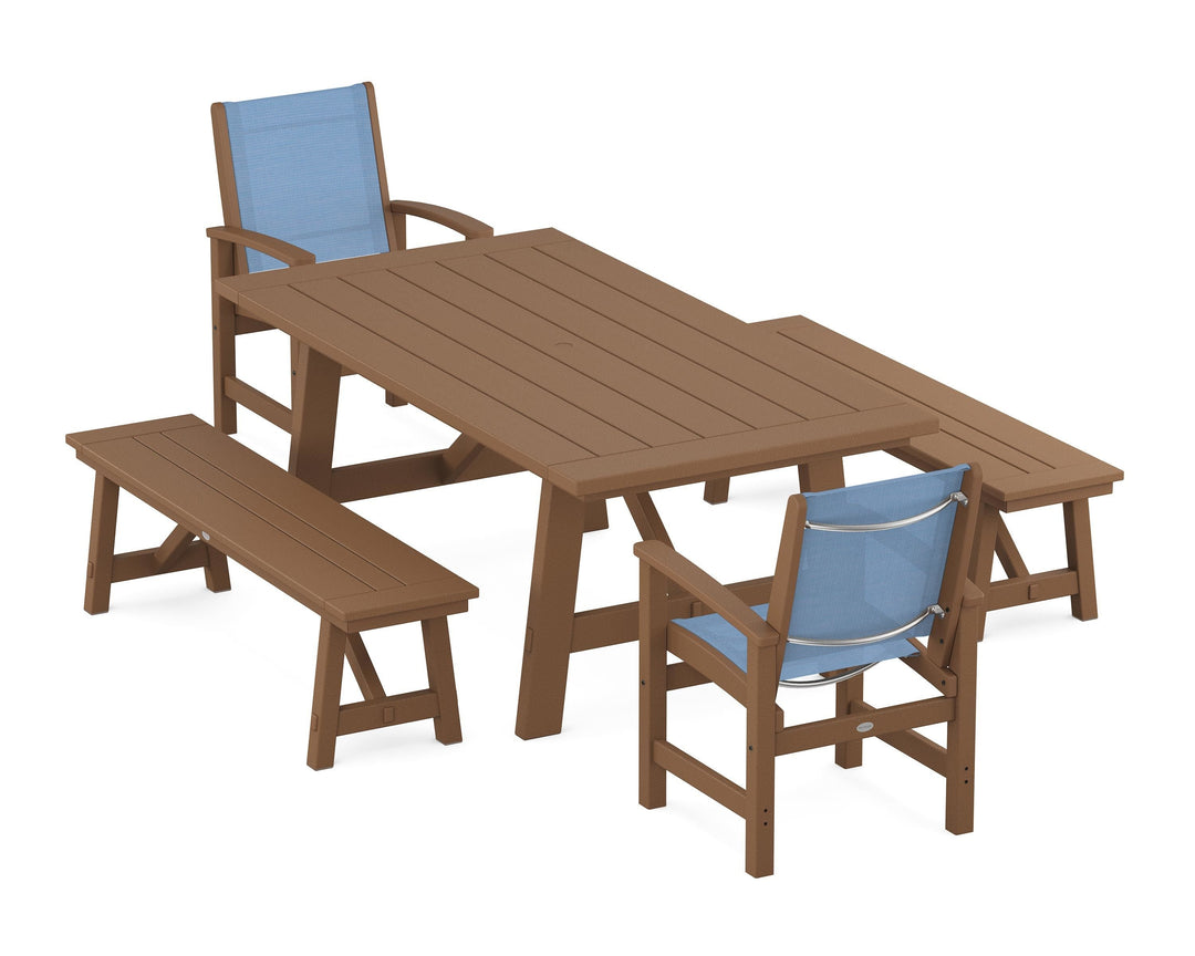 POLYWOOD® Coastal 5-Piece Rustic Farmhouse Dining Set With Benches