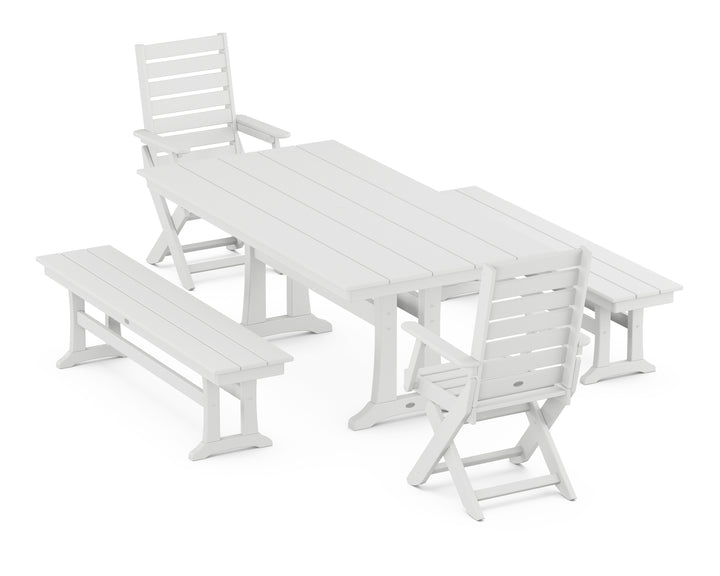 POLYWOOD® Captain Folding Chair 5-Piece Farmhouse Dining Set With Trestle Legs