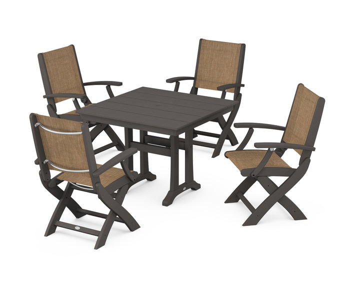 POLYWOOD® Coastal Folding Chair 5-Piece Farmhouse Dining Set With Trestle Legs