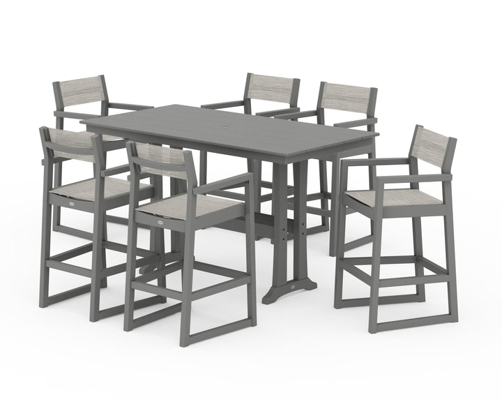 POLYWOOD® EDGE Sling Arm Chair 7-Piece Farmhouse Bar Set with Trestle Legs