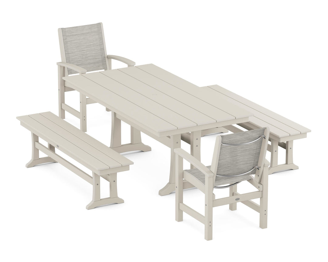 POLYWOOD® Coastal 5-Piece Farmhouse Dining Set with Trestle Legs and Benches