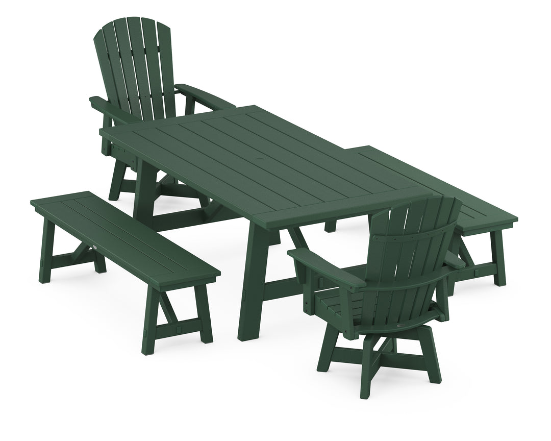 POLYWOOD® Nautical Curveback Adirondack Swivel Chair 5-Piece Rustic Farmhouse Dining Set With Benches