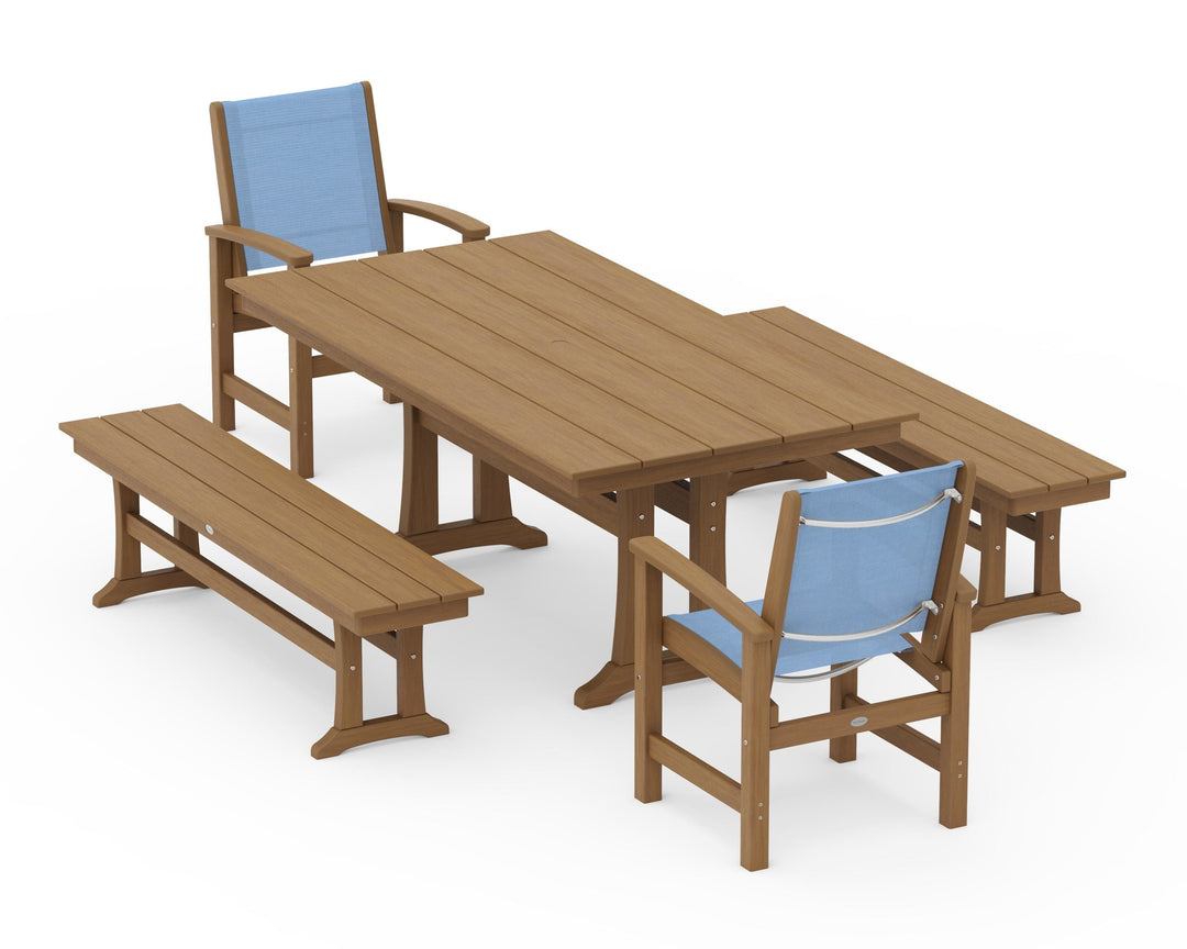 POLYWOOD® Coastal 5-Piece Farmhouse Dining Set with Trestle Legs and Benches