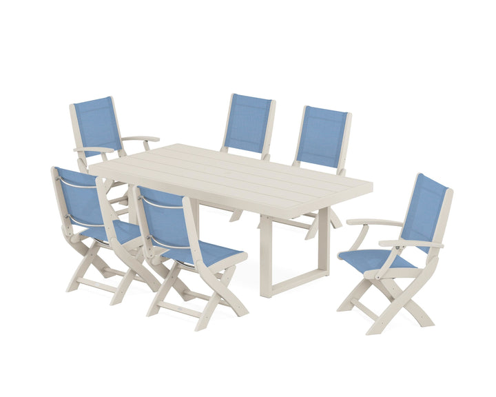 POLYWOOD® Coastal Folding Chair 7-Piece Dining Set with Trestle Legs