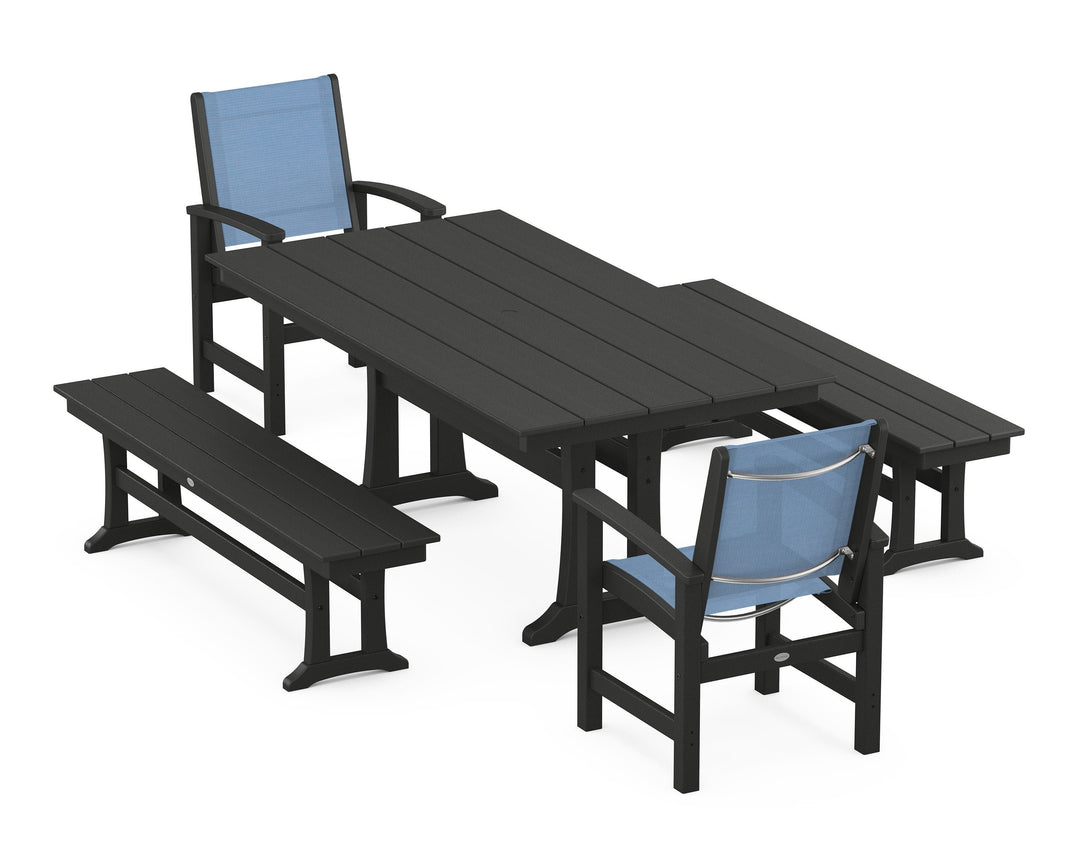 POLYWOOD® Coastal 5-Piece Farmhouse Dining Set with Trestle Legs and Benches