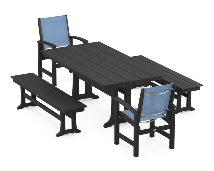 POLYWOOD® Coastal 5-Piece Farmhouse Dining Set with Trestle Legs and Benches