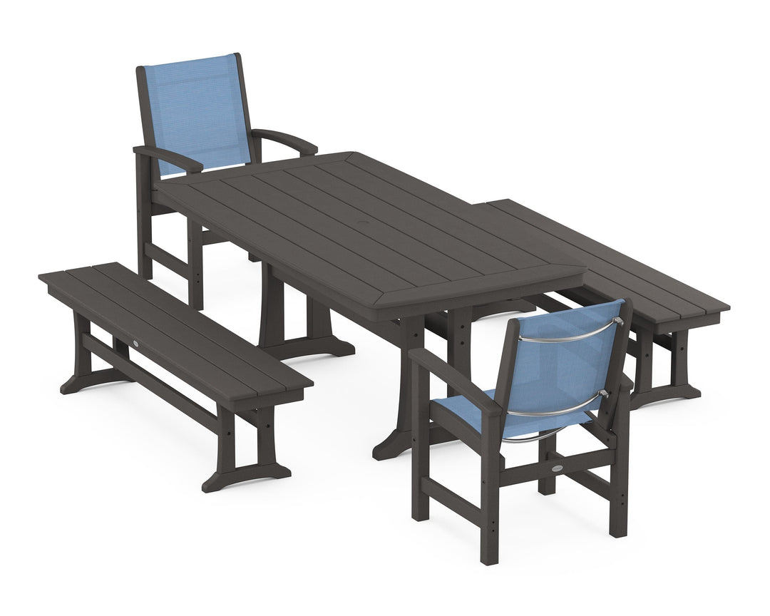 POLYWOOD® Coastal 5-Piece Dining Set with Trestle Legs and Benches