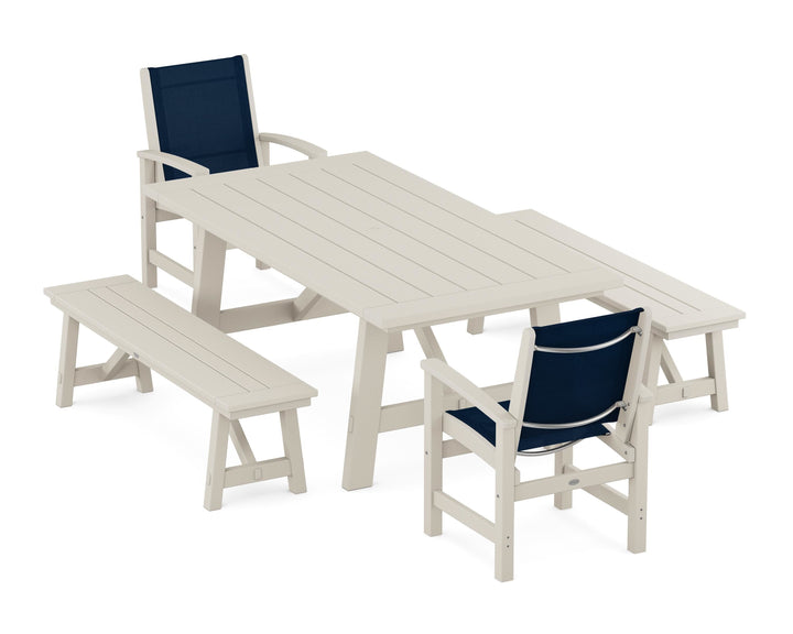 POLYWOOD® Coastal 5-Piece Rustic Farmhouse Dining Set With Benches