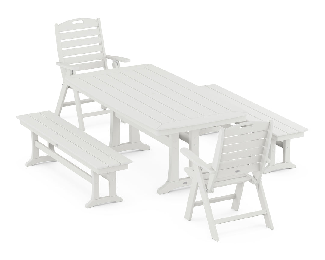 POLYWOOD® Nautical Folding Highback Chair 5-Piece Dining Set with Trestle Legs and Benches
