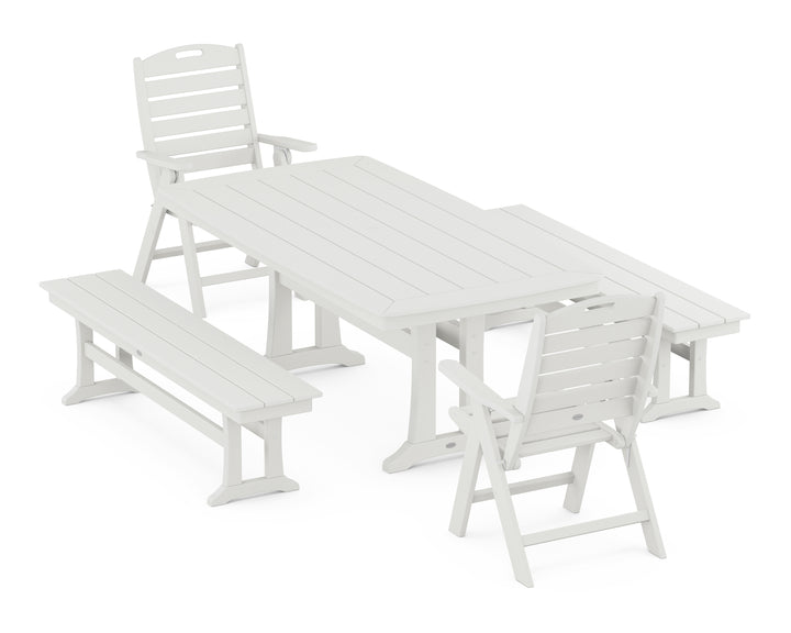 POLYWOOD® Nautical Folding Highback Chair 5-Piece Dining Set with Trestle Legs and Benches