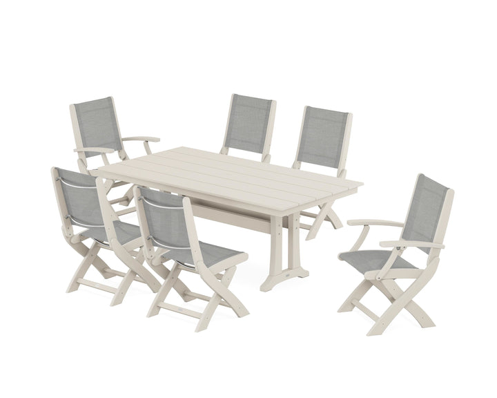 POLYWOOD® Coastal Folding Chair 7-Piece Farmhouse Dining Set with Trestle Legs