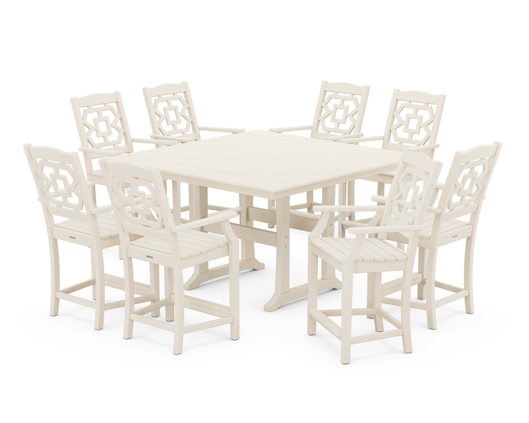 Martha Stewart by POLYWOOD® Chinoiserie 9-Piece Square Farmhouse Counter Set with Trestle Legs