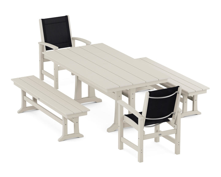 POLYWOOD® Coastal 5-Piece Farmhouse Dining Set with Trestle Legs and Benches