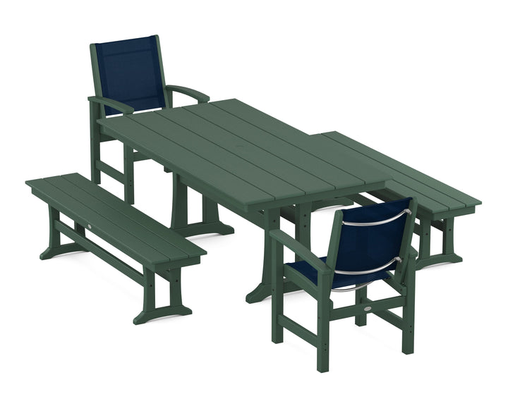 POLYWOOD® Coastal 5-Piece Farmhouse Dining Set with Trestle Legs and Benches