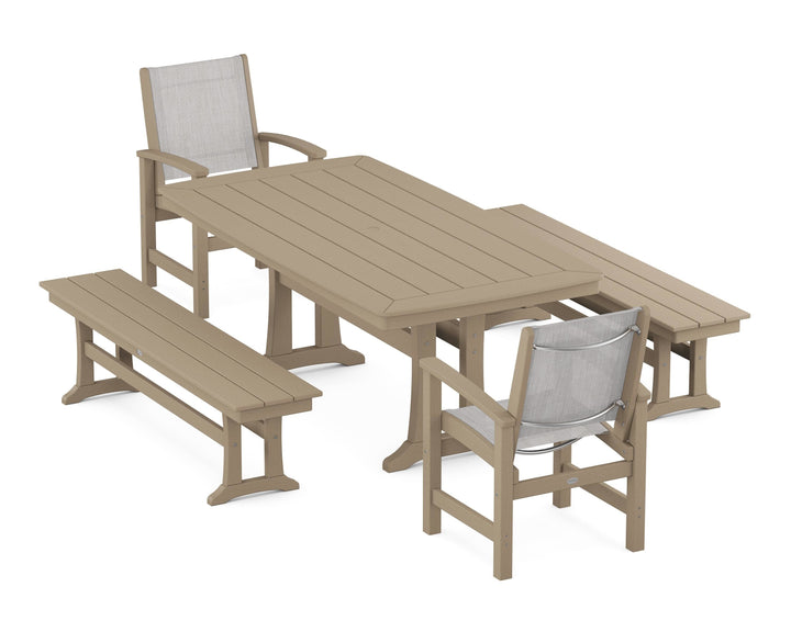 POLYWOOD® Coastal 5-Piece Dining Set with Trestle Legs and Benches