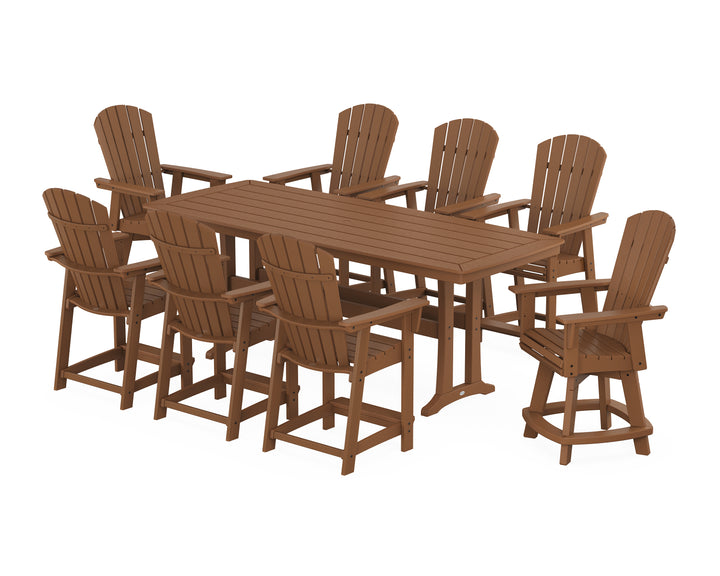 POLYWOOD® Nautical Curveback Adirondack Swivel 9-Piece Counter Set with Trestle Legs