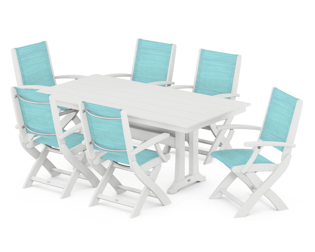 POLYWOOD® Coastal Folding Arm Chair 7-Piece Farmhouse Dining Set with Trestle Legs