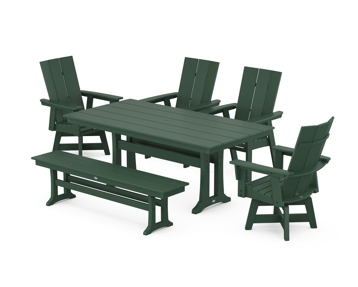 Modern Curveback Adirondack Swivel Chair 6-Piece Farmhouse Dining Set With Trestle Legs and Bench