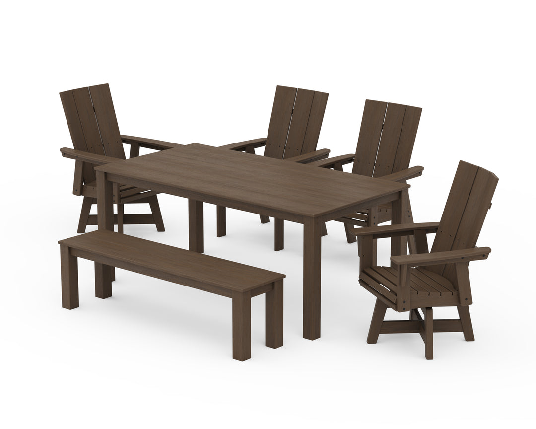 POLYWOOD® Modern Curveback Adirondack 6-Piece Parsons Swivel Dining Set with Bench