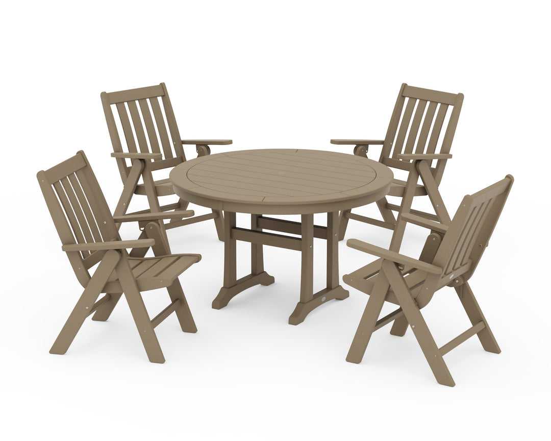 POLYWOOD® Vineyard Folding Chair 5-Piece Round Dining Set with Trestle Legs