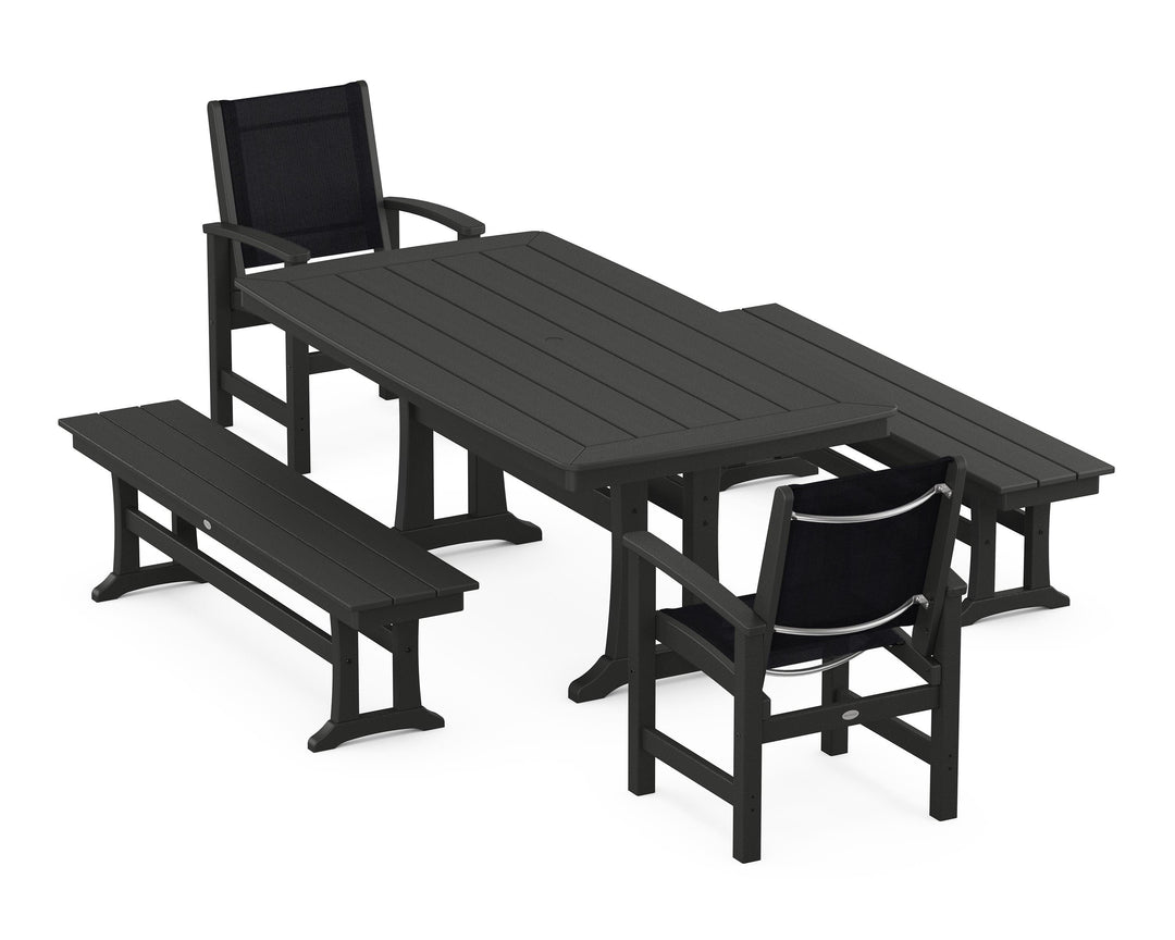 POLYWOOD® Coastal 5-Piece Dining Set with Trestle Legs and Benches