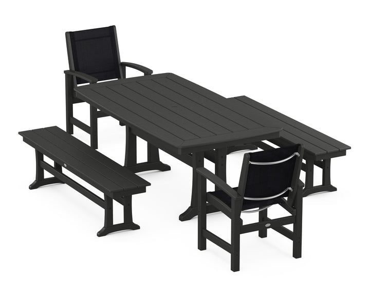 POLYWOOD® Coastal 5-Piece Dining Set with Trestle Legs and Benches