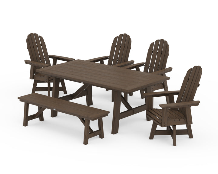 POLYWOOD® Vineyard Curveback Adirondack Swivel Chair 6-Piece Rustic Farmhouse Dining Set With Bench