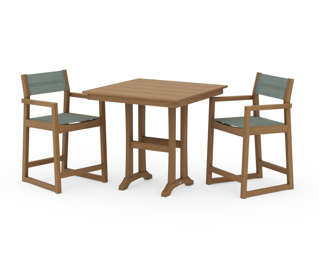 POLYWOOD® EDGE Sling Arm Chair 3-Piece Farmhouse Counter Set with Trestle Legs