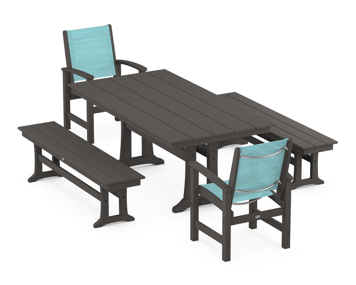 POLYWOOD® Coastal 5-Piece Farmhouse Dining Set with Trestle Legs and Benches