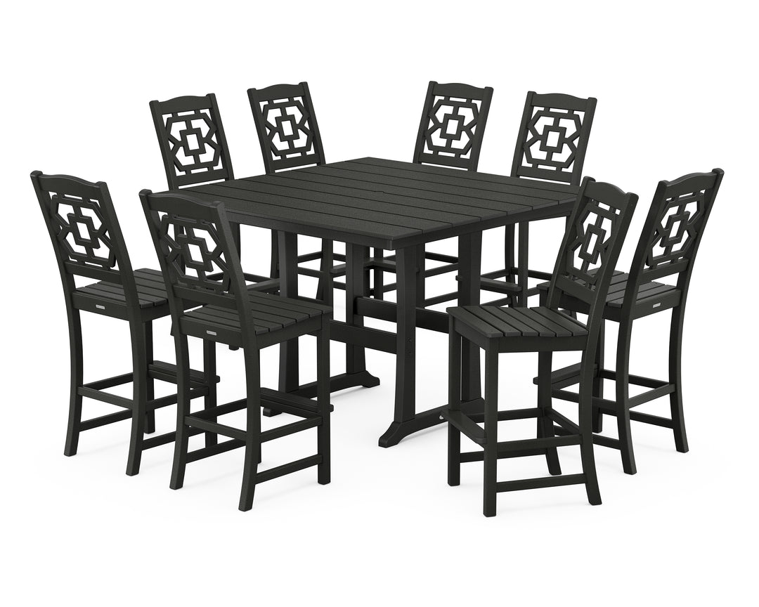 Martha Stewart by POLYWOOD® Chinoiserie 9-Piece Square Farmhouse Side Chair Bar Set with Trestle Legs